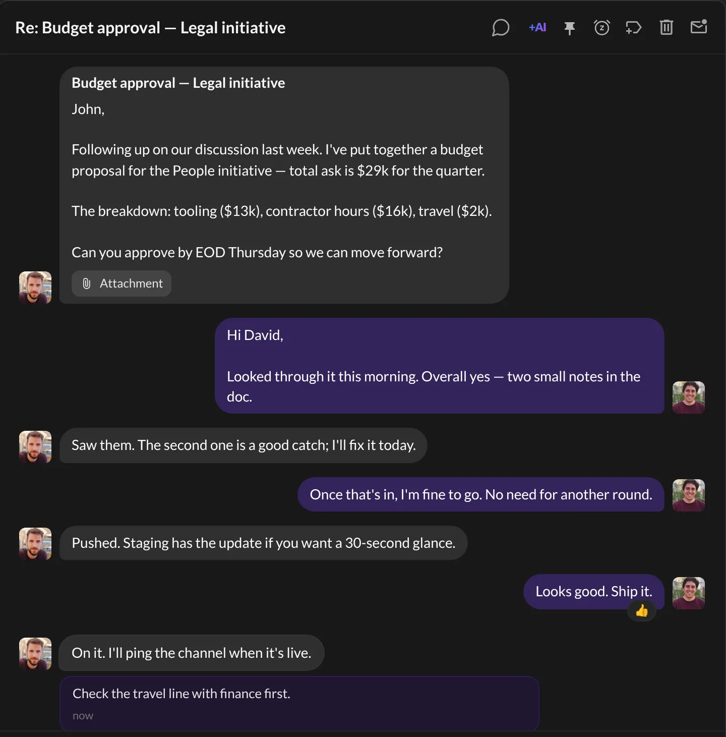 A private note shown under a message in a conversation