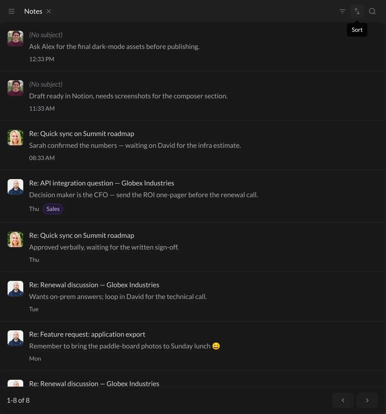 The Notes view listing private notes with their emails