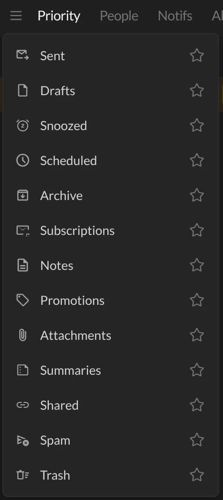 The inbox menu with a star next to each view