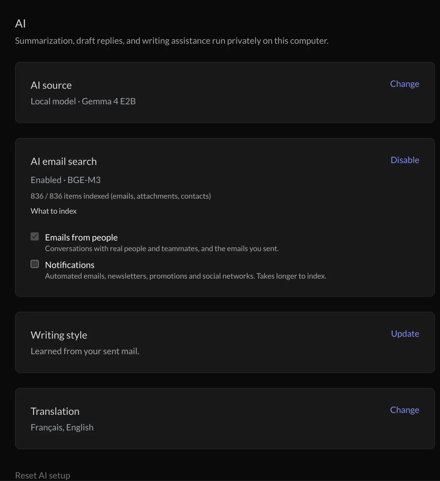 The AI settings page: AI source, AI email search, Writing style and Translation