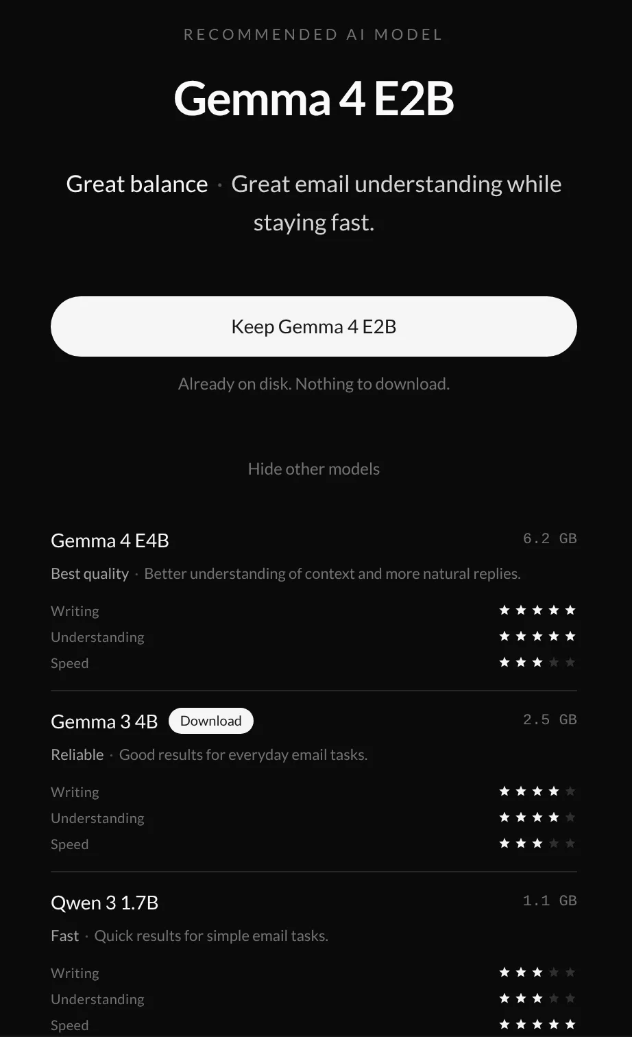 The recommended model with the list of other models, their sizes and their star ratings