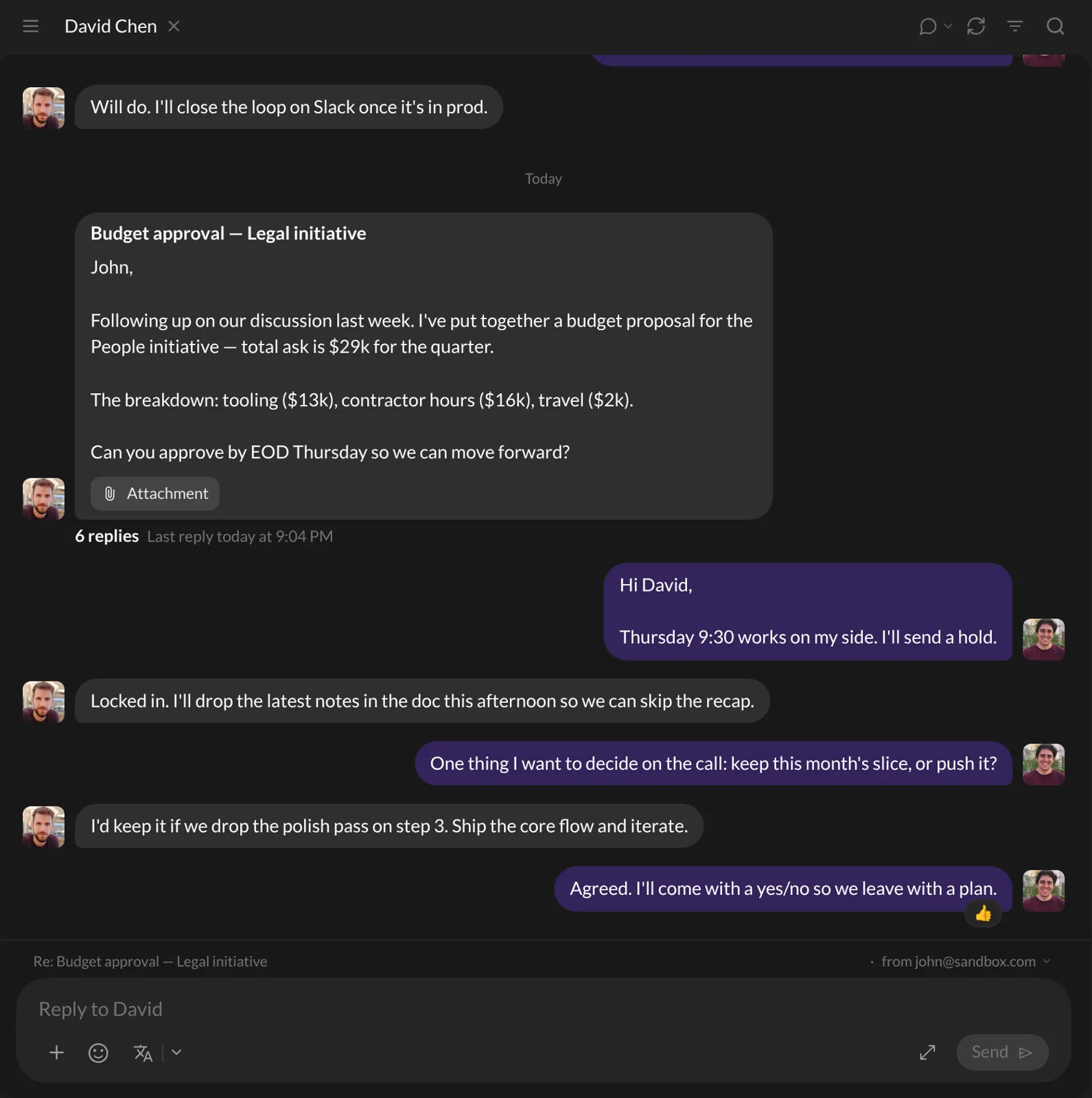 A conversation shown as chat bubbles, with the reply box at the bottom