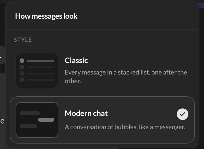 The conversation style menu with Classic and Modern chat