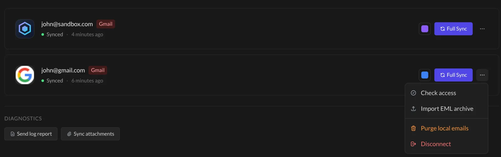 The More actions menu of an account in Settings, with Disconnect at the bottom