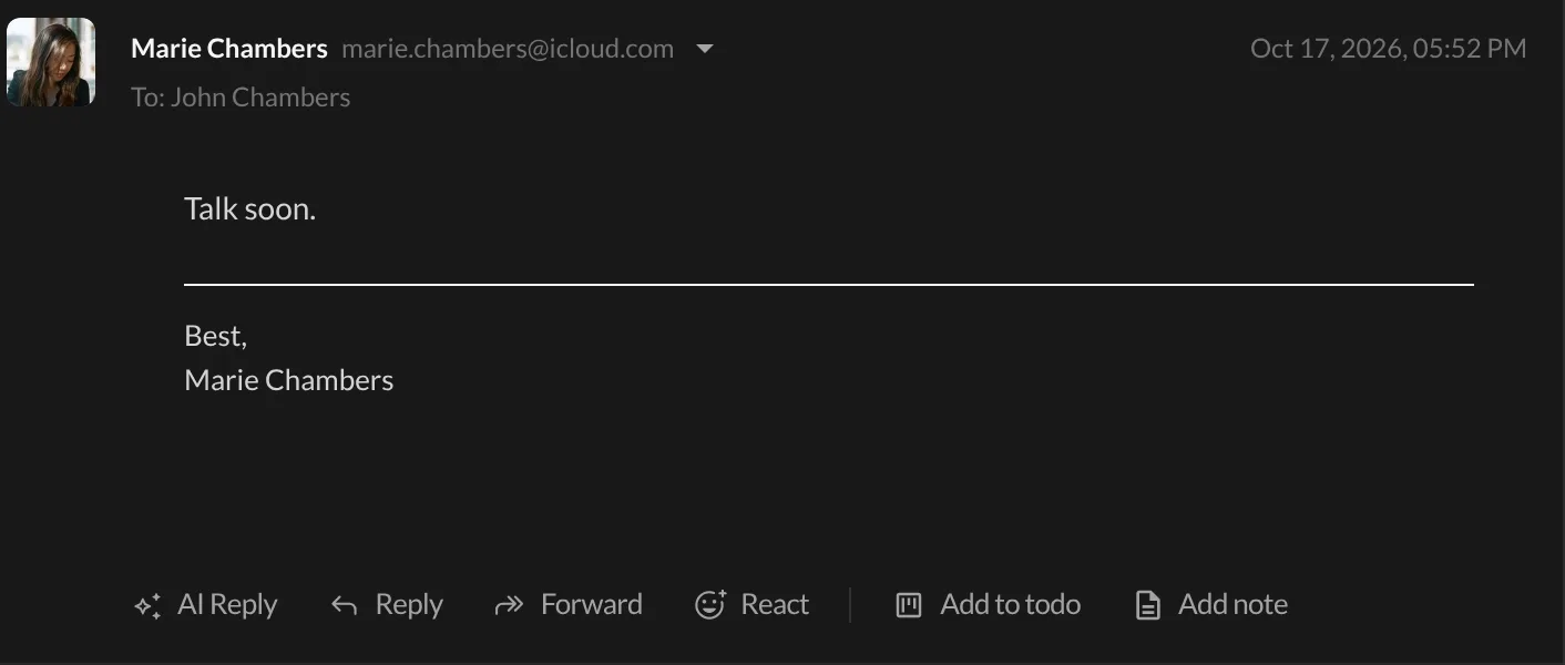 The Reply and Forward buttons below an email