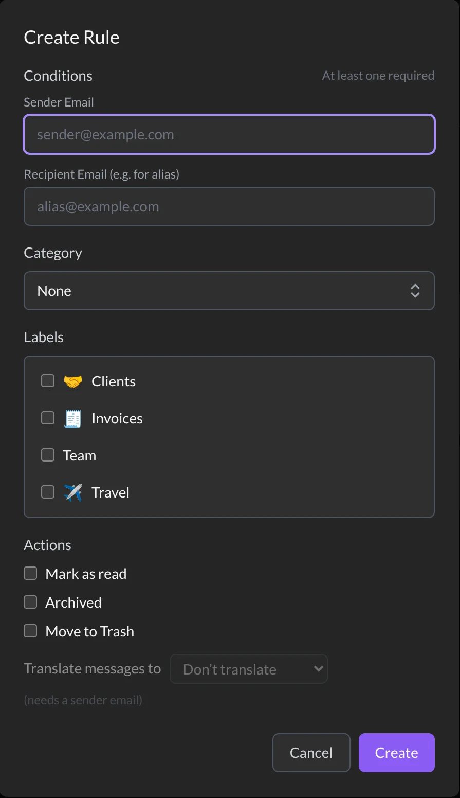 The Create Rule window with conditions, category, labels and actions