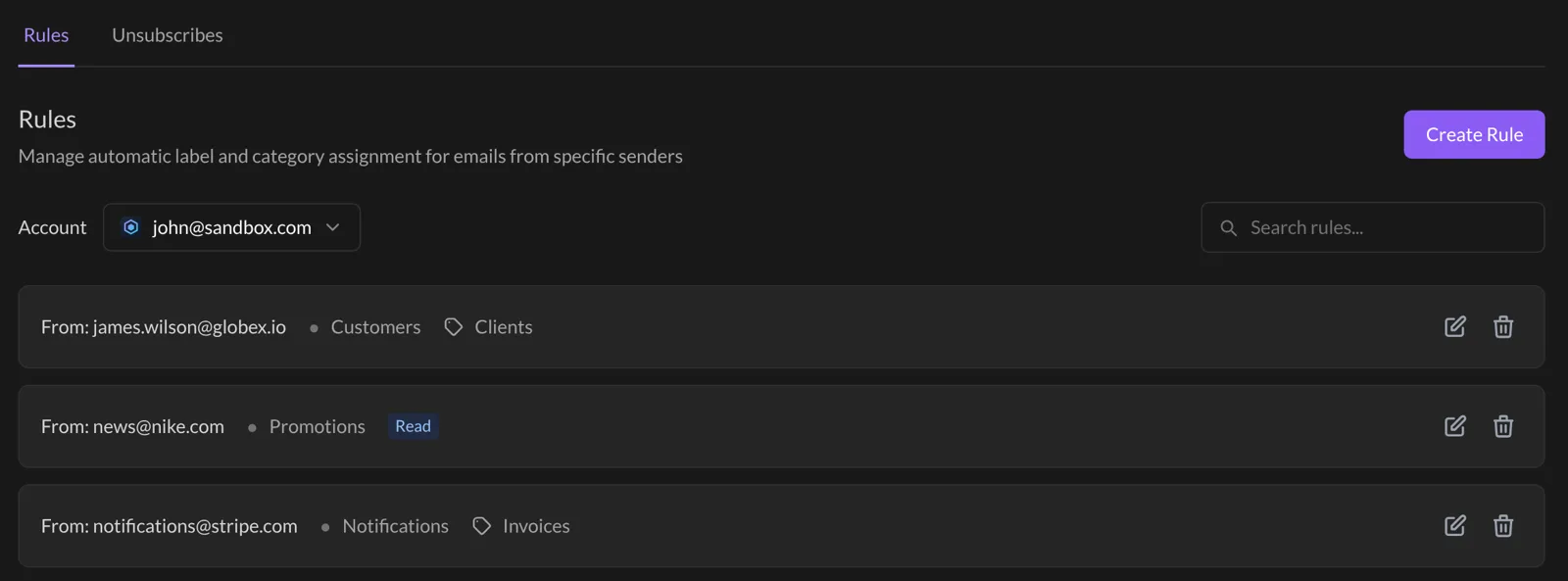 The Rules list in Settings