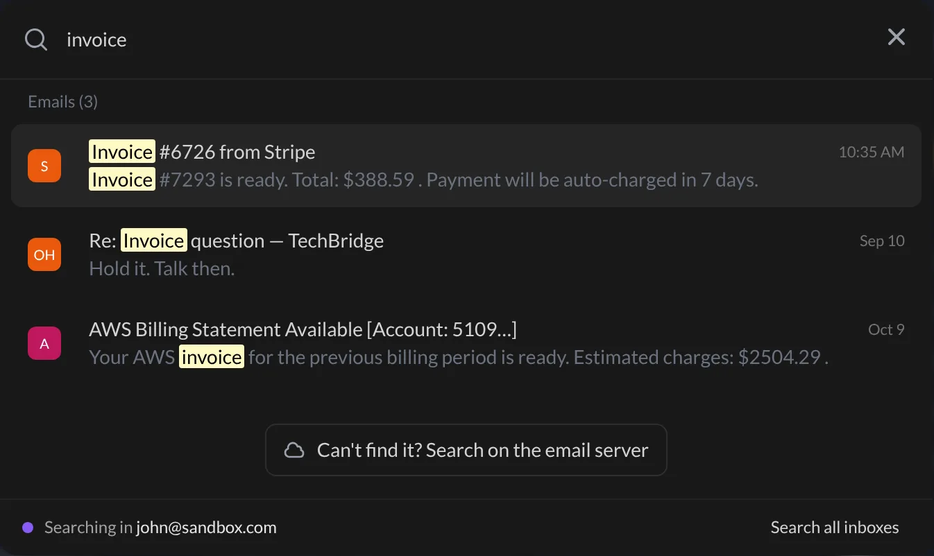 The search window with three emails matching the word invoice