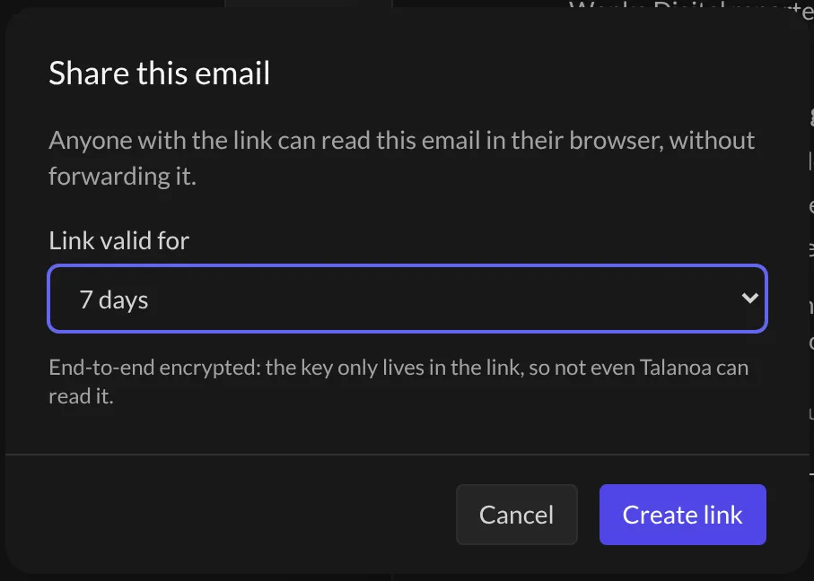 The Share this email window with the link duration