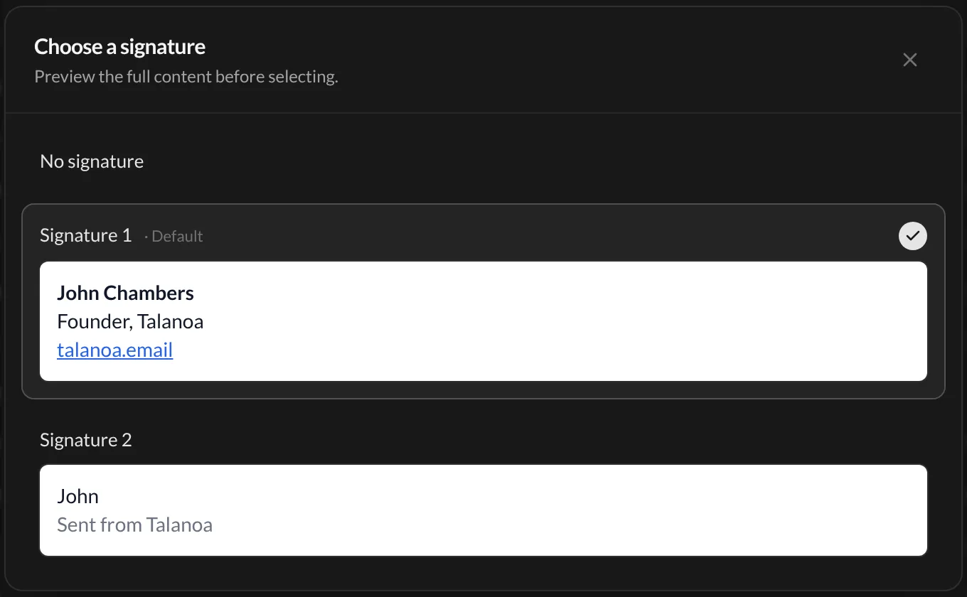 The "Choose a signature" window with two signatures and No signature