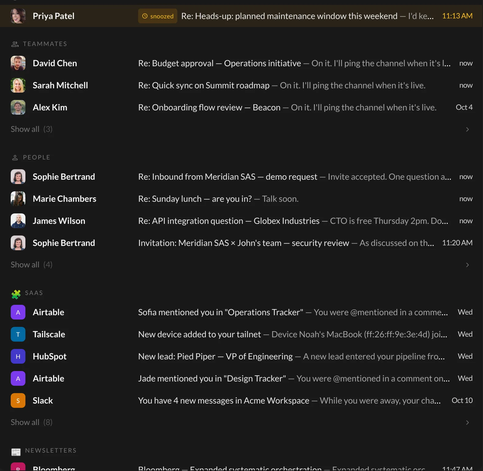 The Smart Inbox, with unread emails grouped under Teammates, People and a custom section