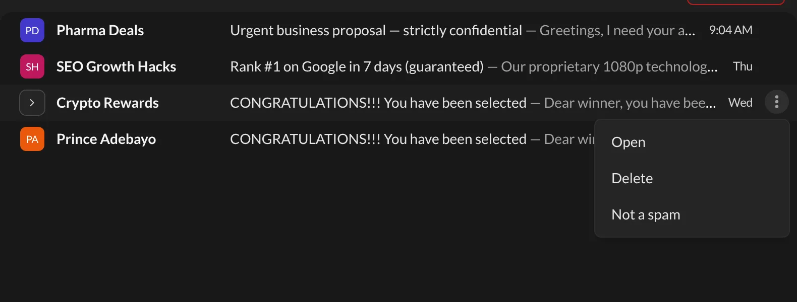 The menu on a spam email with Not a spam