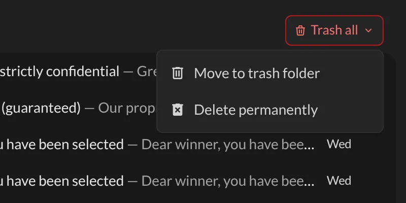 The Trash all menu with Move to trash folder and Delete permanently