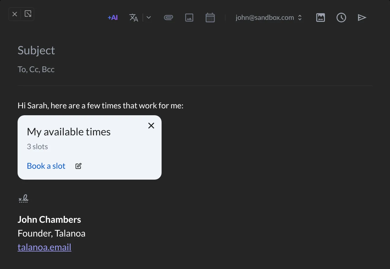 The My available times card inside an email, with a Book a slot button