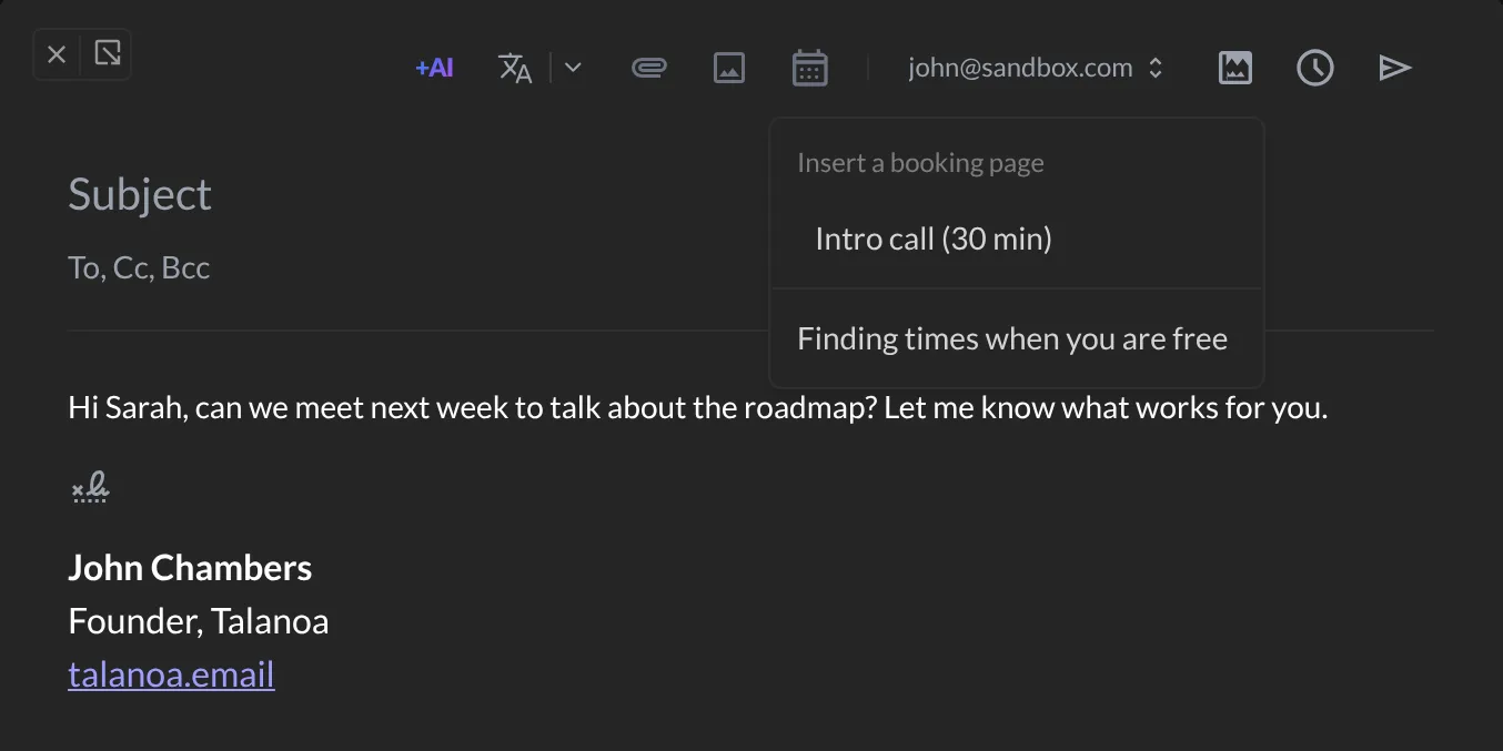 The calendar menu in the email toolbar, with a booking page and Finding times when you are free