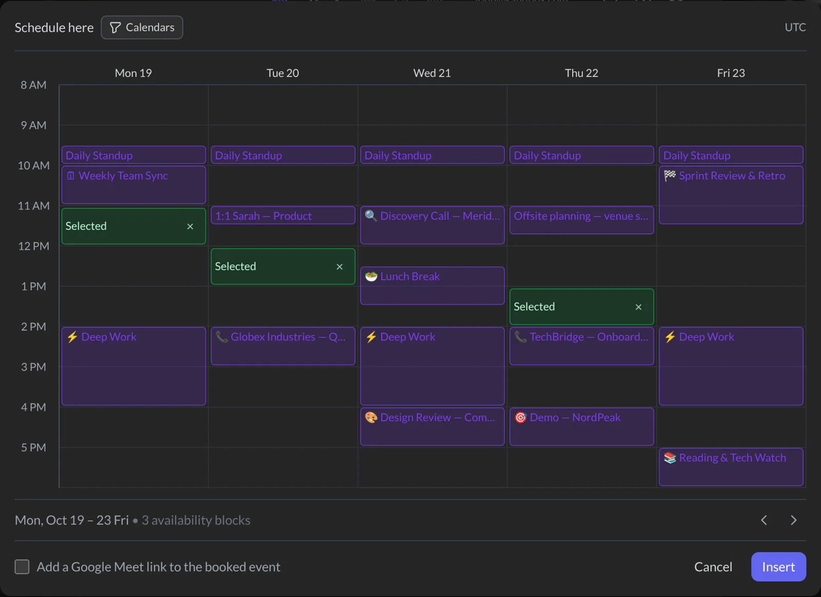 Your week with three free times selected in green
