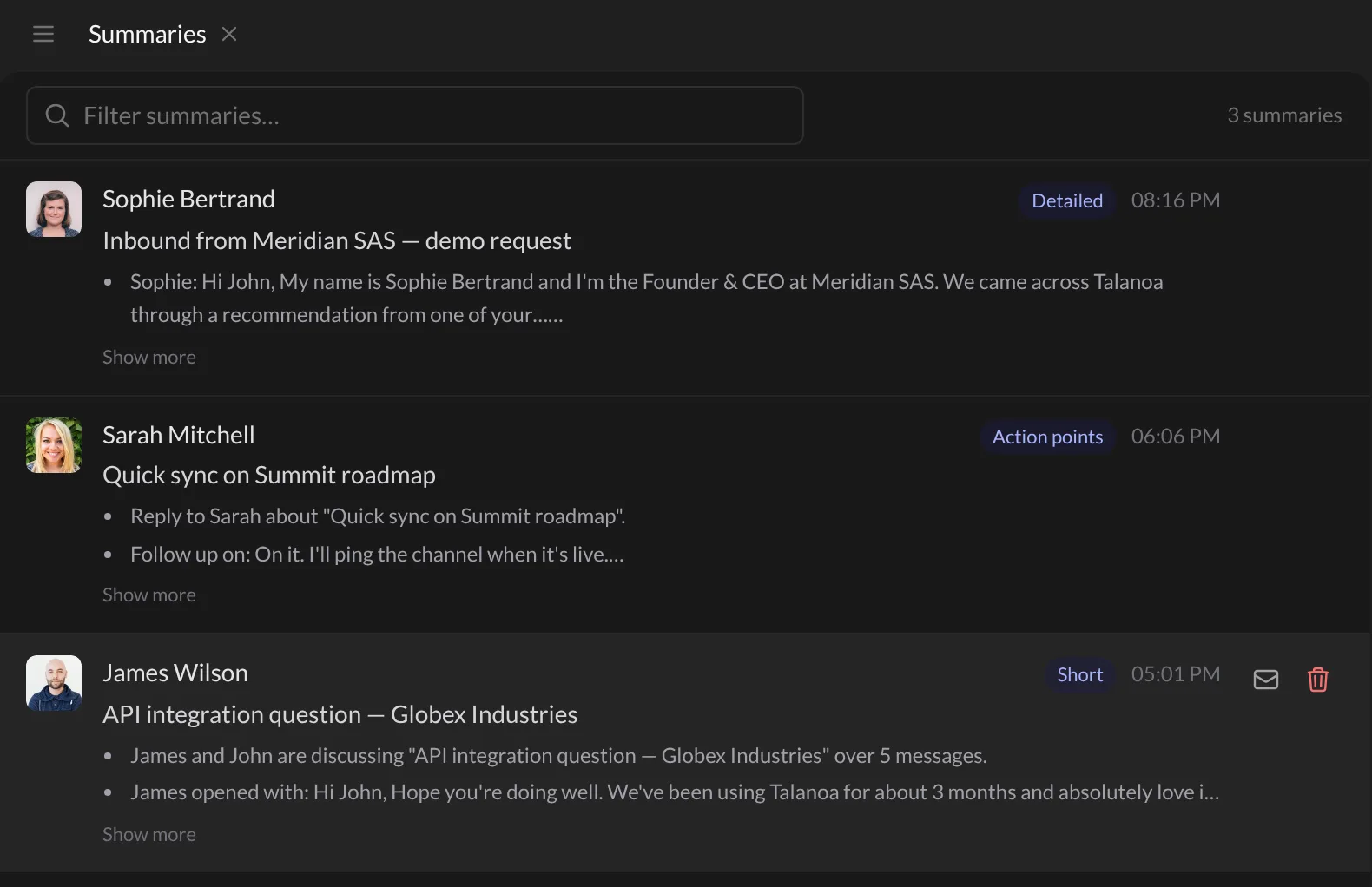 The Summaries view with three saved summaries and their styles