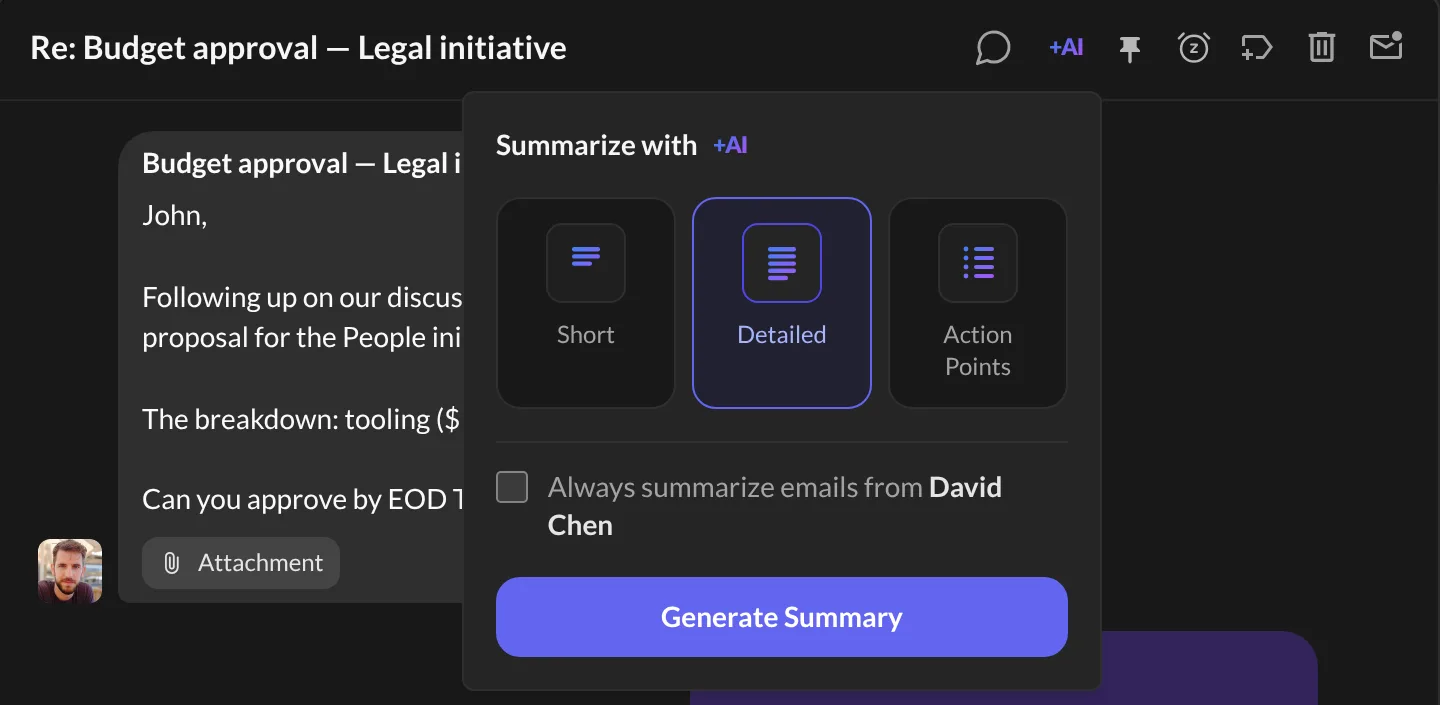 The Summarize with panel: Short, Detailed and Action Points, and the Generate Summary button