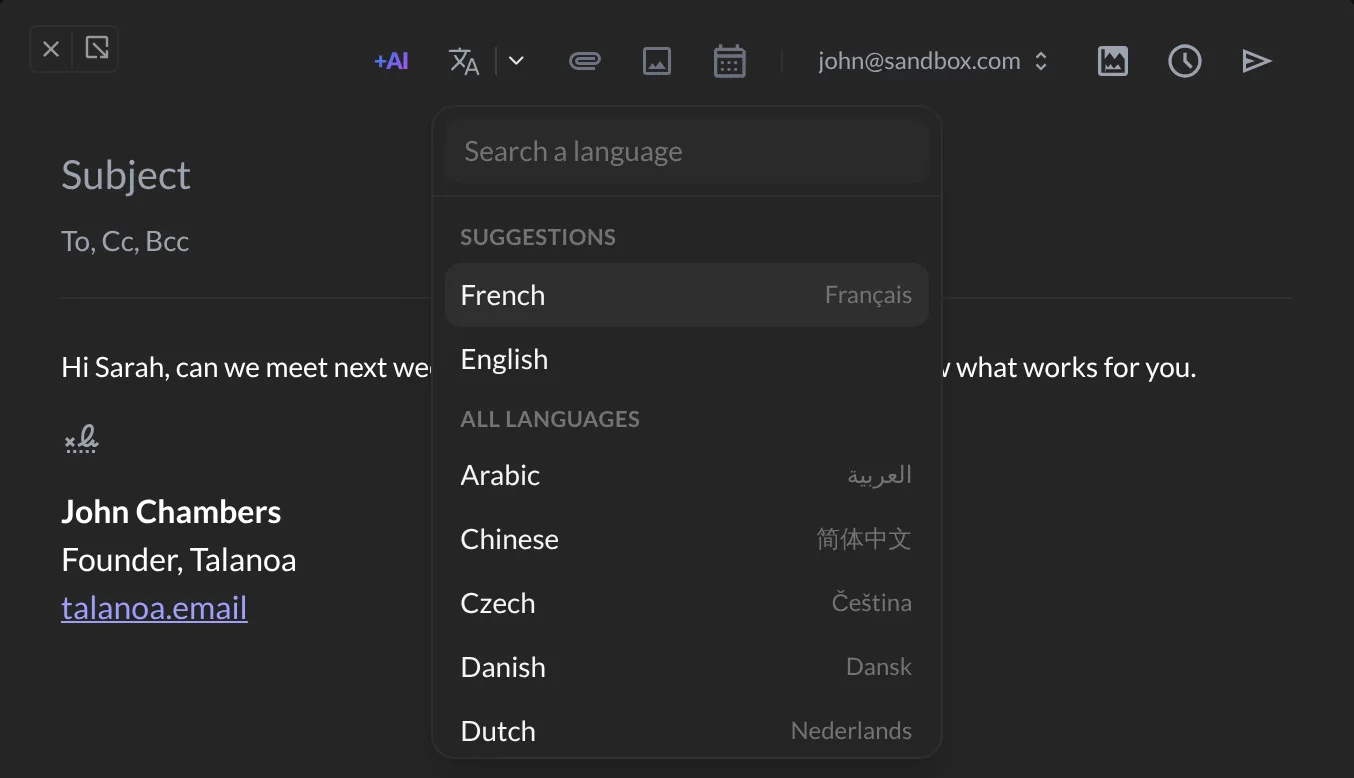 The language list in the email toolbar, with French and English as suggestions
