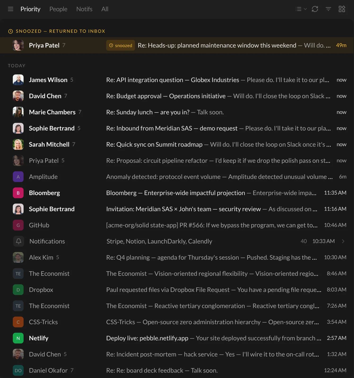 The Today view, with snoozed emails on top, a Today header and a folded Notifications row