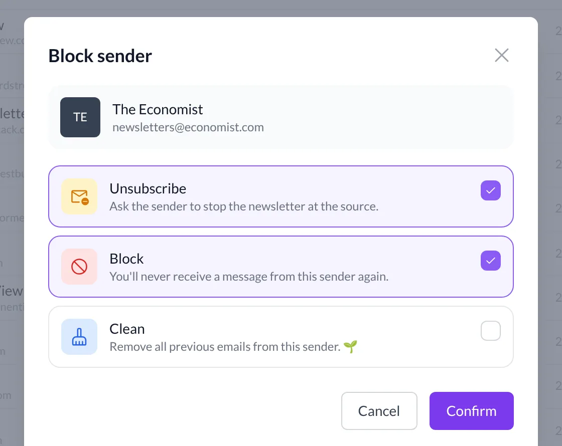 The Block sender window with Unsubscribe, Block and Clean
