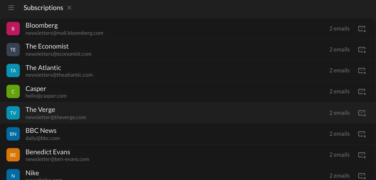 The Subscriptions list with each newsletter and its unsubscribe button