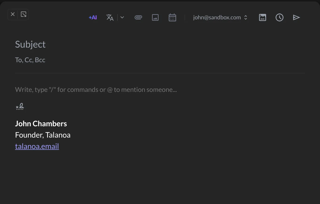 The new email window, with the Subject, the To field and the writing area