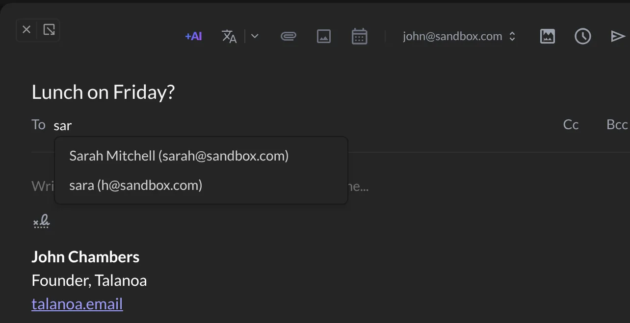 Talanoa suggesting contacts while you type in the To field