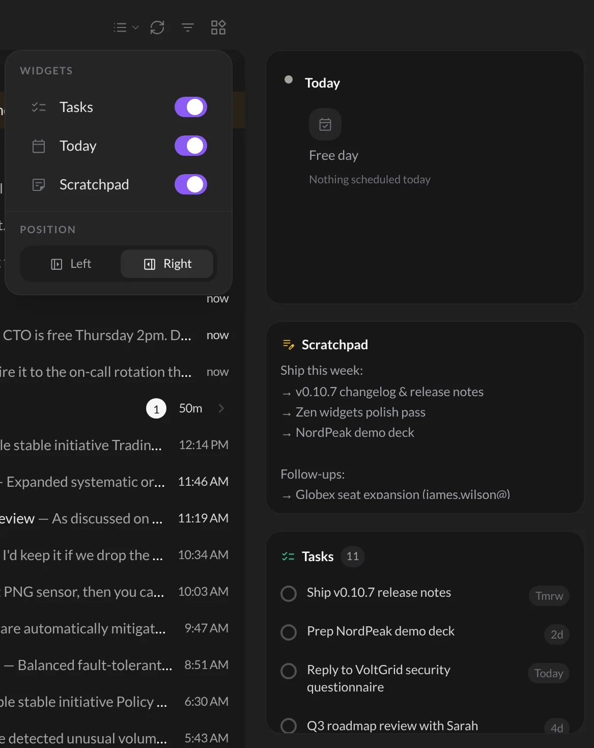 The Widgets menu with Tasks, Today and Scratchpad switches, and the Left and Right position buttons